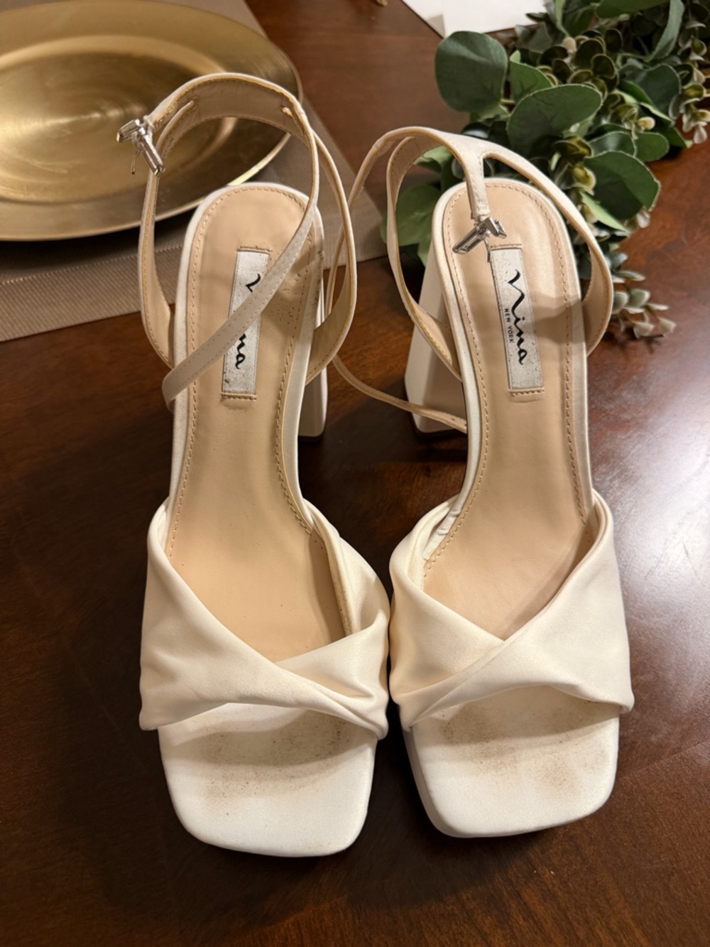 Nina Cream Twisted Front Ankle-Strap Block Heels